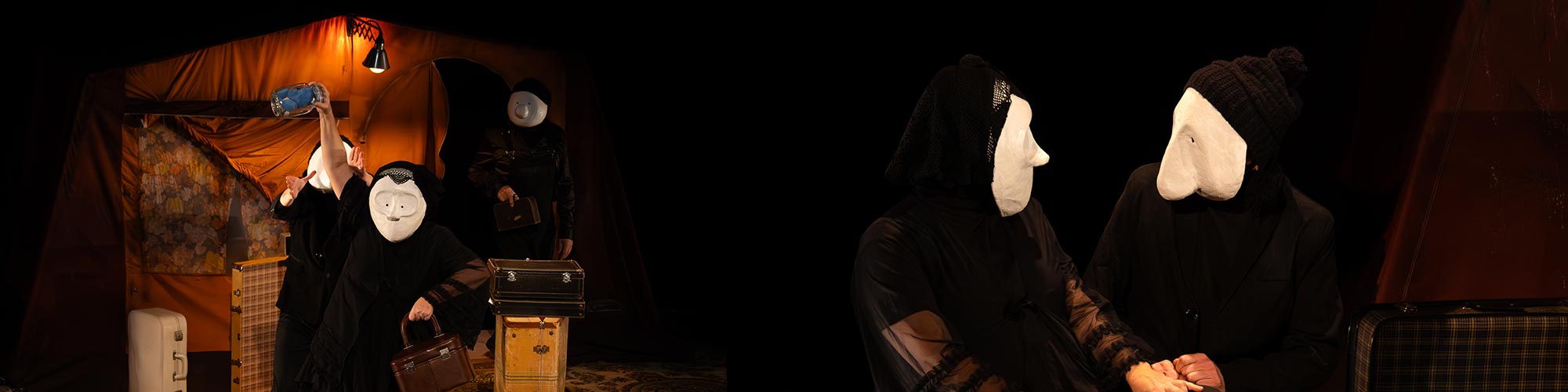 Objets manipulés dans un clair-obscur, incarnant un groupe de réfugiés silencieux.